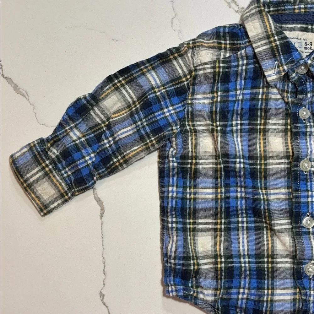 The Children’s Place Boys Blue Flannel Plaid Button Down Dress Shirt 6-9 Months